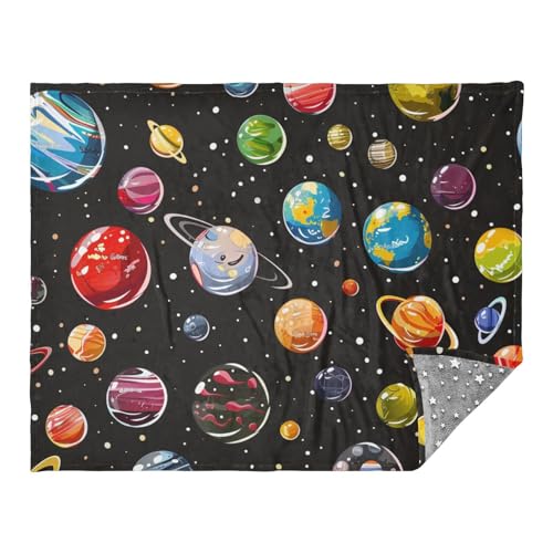 EtherSpher Manta de fondo negro con un montón de pequeños planetas de dibujos animados para sofá, manta de cama, manta de 50 x 70 pulgadas para adolescentes y niñas