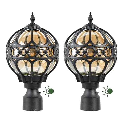 Dusk to Dawn Globe Outdoor Post Light for Lawn Patio Yard Driveway, Black Sphere Outside Lamp Post Light, Pier Mount Post Lantern Lighting Fixtures, Soccer Ball Exterior Pole Post Light(2 Pack)