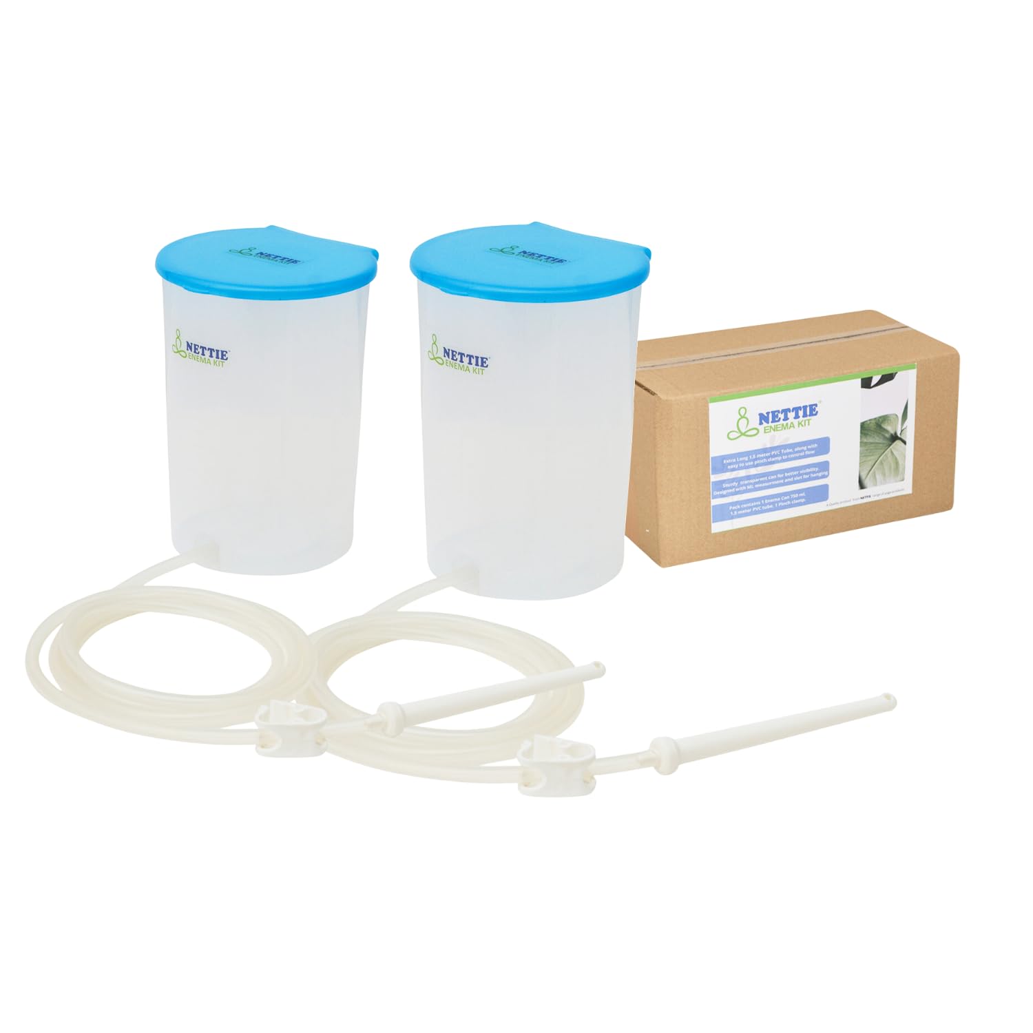 NETTIE Premium Enema Kit, 1500ml can with lid, extra-long 1.5-meter PVC tube, pinch clamp and enema nozzle for home use – Pack of 2