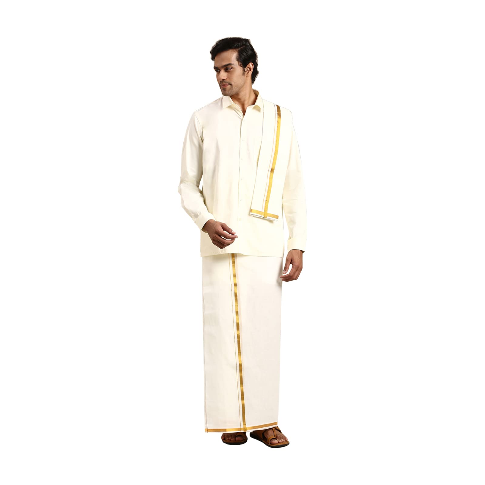 Men’s Trending White Full Sleeve Shirt with Gold Jari Border Dhoti Set with Towel and Belt