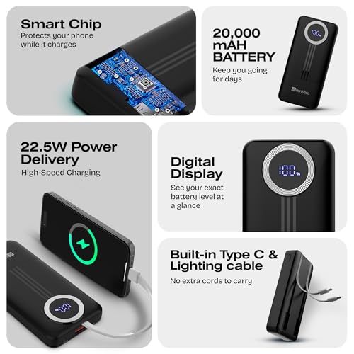 BonKaso 20000mAh Power Bank 22.5W PD Fast Charging with Built-in Type-C Cable, USB-A & Type-C Output, Digital LED Display, Portable Slim Powerbank for iPhone, Android, Tablets – Black view 2
