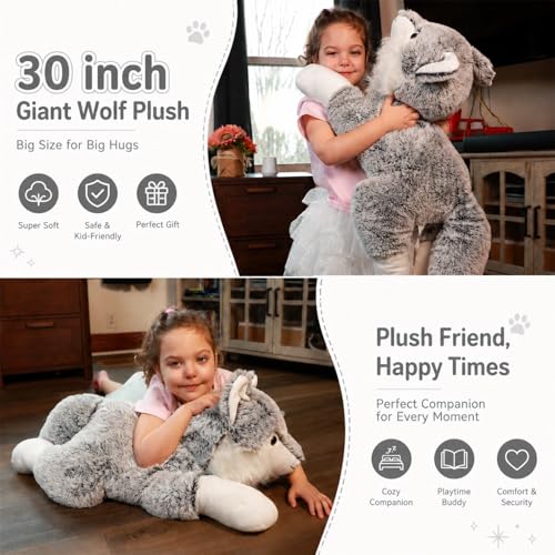 Image of BENINY 30 Inch Giant Wolf Stuffed Animal, Super Soft Big Winter Wolf Plush Toy Pillow, Fluffy Stuffed Wolf Plushie for Kids and Adults, Birthday