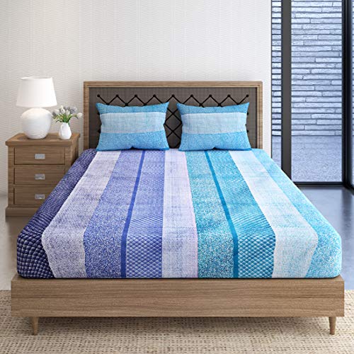 Image of Swayam Pure Cotton Double Bedsheet with 2 Pillow Covers | Size 90 x 100 inch | 160 TC | Striped Design | Soft Breathable Bed Sheet | Comfortable & Durable for Bedroom - Blue