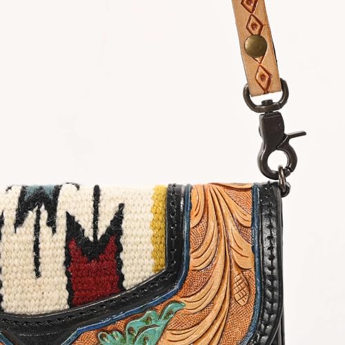 Sunset Serenade Tooled Leather Crossbody Purse – Handmade Trifold Wallet with Saddle Blanket & Cowhide Accents | Western Boho Style with Adjustable Strap for Women, Tan/Black3
