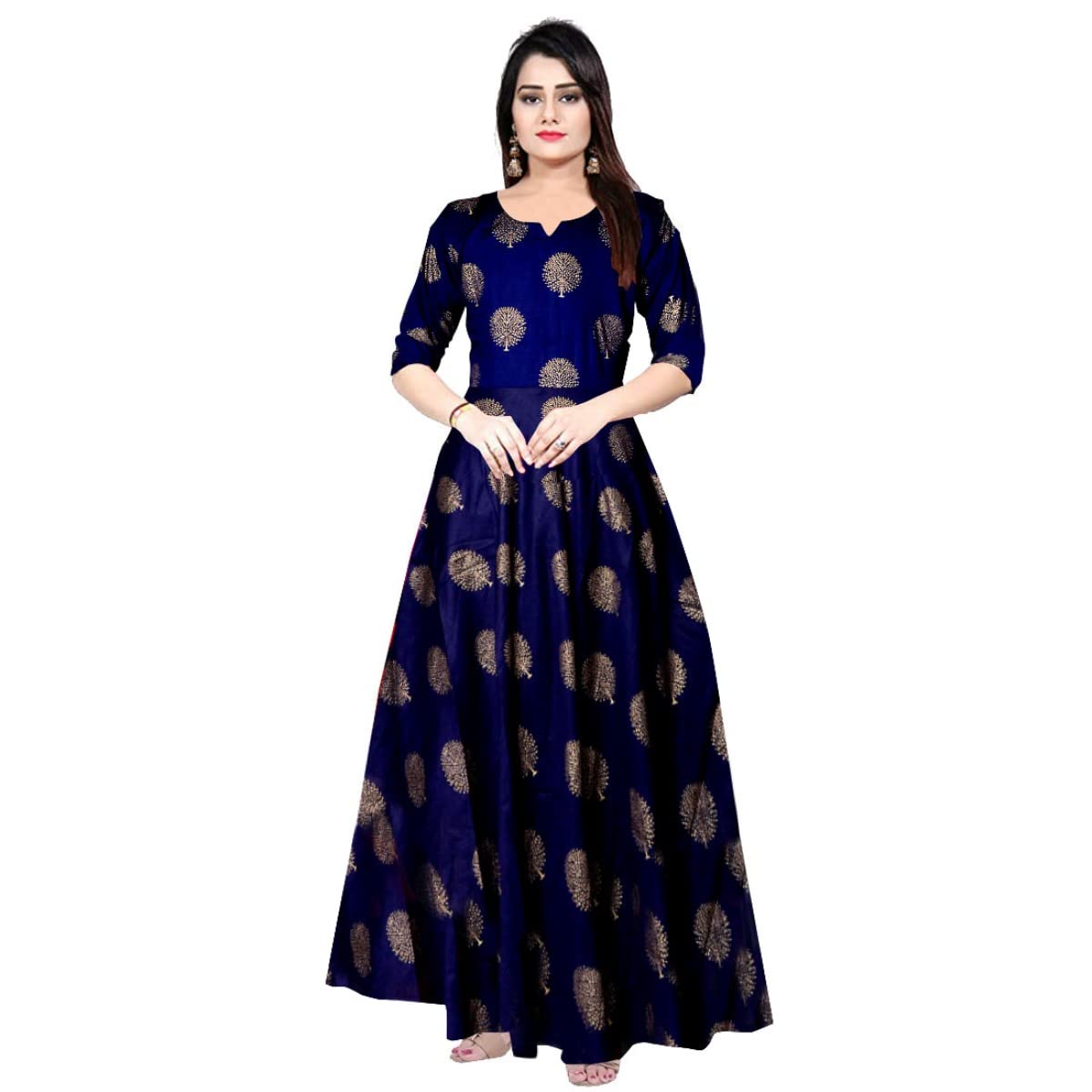 Women Rayon A-Line Western Fit and Flare Maxi Dress Gown (Free Size Upto XXL), Blue-image-43