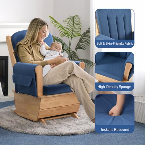 Image of Glider Rocking Chair with Storage Pocket, Silent and Smooth Rocking Motion, Padded Seat Cushion, Ideal for Living Rooms, Nurseries, Reading or Relaxing Blue