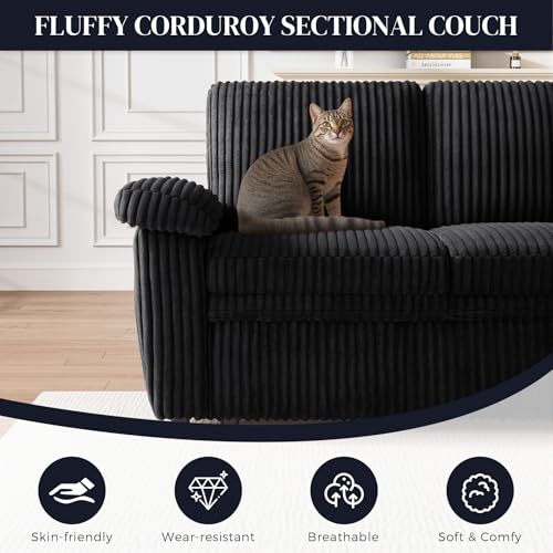 Image of Sectional Sleeper Sofa with Pull Out Bed and Storage Chaise, Fluffy Soft Corduroy Fabric, Modern Comfy U Shaped Couch with USB Charger for Living Room Apartment Small Spaces, Black