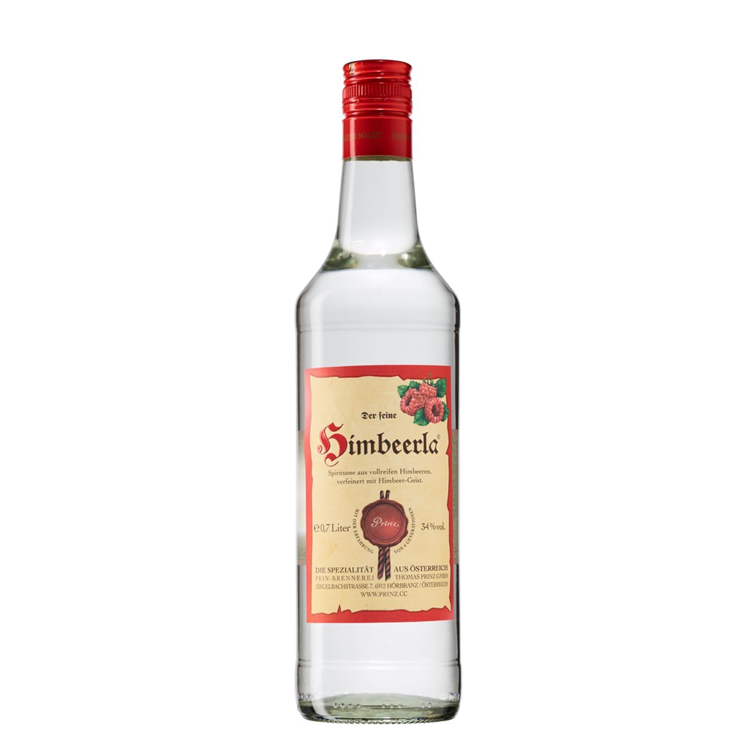 Prinz - Himbeerla | Vollmundige Schnapsspezialität aus handverlesenen Himbeeren | Einzigartiger Geschmack | Im Steingut gereift, 34% vol, 0.7 l