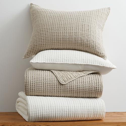 Image of Levtex Home Mills Waffle Full Bedspread Set (100x104in) with 2 Pillow Shams (26x20in) - Undyed Wheat - Cotton Waffle Full Size Bedspread Set - Lightweight, Soft, Pre-Washed