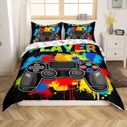 Homemissing Game Controller Duvet Cover 135x200cm Gamer Bedding Set for Teens and Boys Game Players Single Bedding Black Tie Dyed Comforter Cover Color Ink Decoration with 1 pillowcases - Image 3