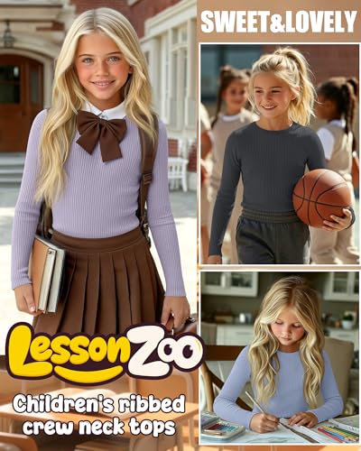 Image of 4 Pack Girls Long Sleeve Shirts Ribbed Knit Cotton Crewneck Tops Slim Fit Soft Casual Kids Base Layer Undershirts