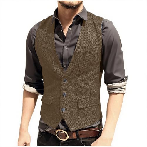 Mens Retro Suit Vest Waistcoat Tweed V Neck Herringbone Suit Vest Wool Blend Casual Prom Waistcoat Dressy