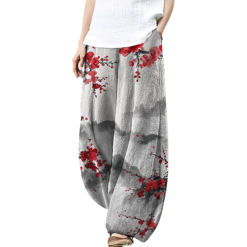 Women's Pants Casual Floral Print Wide Leg Relax Fit Ankle Length Lantern Trousers