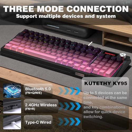 Image of KUTETHY Wireless Mechanical Keyboard,RGB Backlit Gaming-Blackberry Contours | Smart Display & Knob,Tri-Mode BT5.0 /2.4GHz /USB-C,Hot Swappable Pre-lubed Linear Switches,Contour keycaps(Dark Switches)