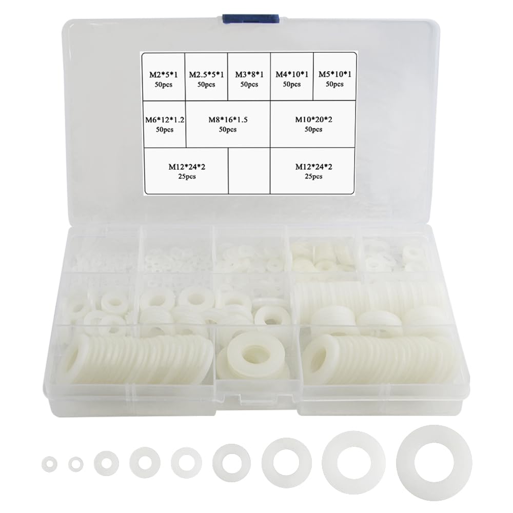 TOVOT 450 PCS Nylon Plastic Insulating Flat Washers Gaskets Spacers Assortment Set -9 Size,for M2.5 M3 M4 M5 M6 M8 M10 M12 Screw Bolt(White) - Image 4