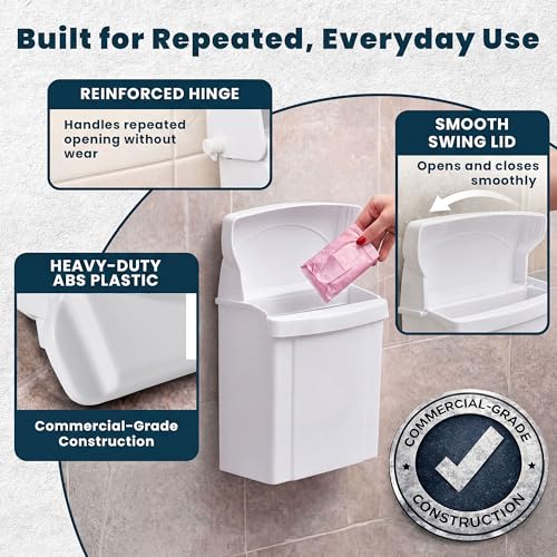 Image of Alpine Sanitary Napkin Receptacle - Feminine Hygiene Disposal Container, Wall Mounted Trash Can with Odor Control Seal & Installation Hardware (White)