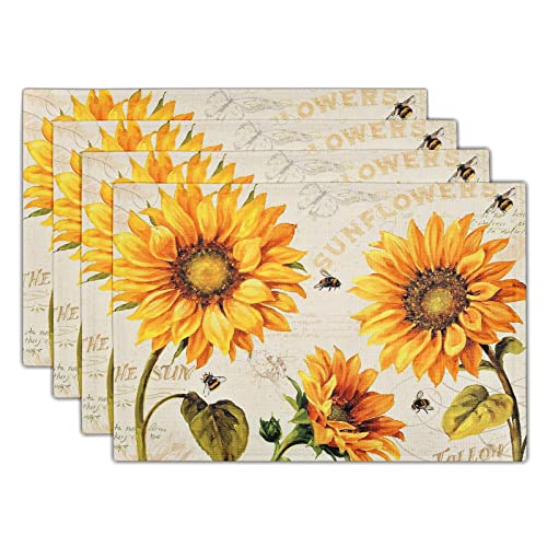 Giwawa Sunflower Bee Placemat Set Of 4 For Dining Table Summer Yellow Flower Vintage Rustic Floral Heat Resistant Linen Table Mat 12X18 Inch For Kitchen Home Farmhouse Cabin Decor #TOP6