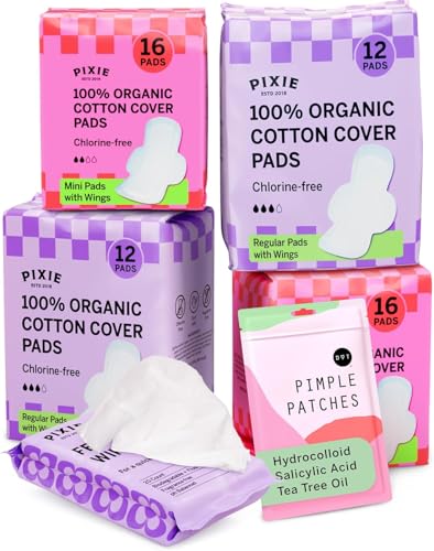 Pixie Period Starter Pads for Teen Girls - Organic Cotton 56ct - Designed for Tweens & Smaller Underwear - Leak-Proof with Wings for Feminine Care - Includes 32ct Mini & 24ct Regular Pads with Wipes
