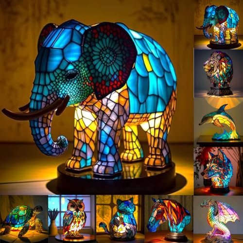 XWNGDAFEVF Retro Animal Style Stained Resin Series Table Lamp Home Decor Animal-Shape Night Light Bedside Desktop Lamp for Holiday Birthday Gift Elephant
