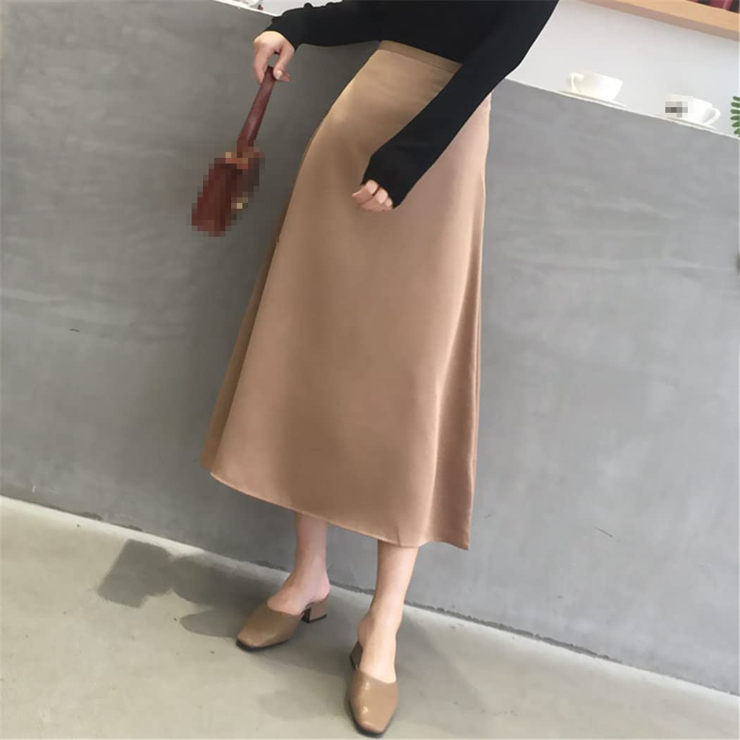 Jupe d'été élégante en satin pour femme - Uni - Vintage - Taille haute - Pour le bureau et les fêtes, kaki, 52