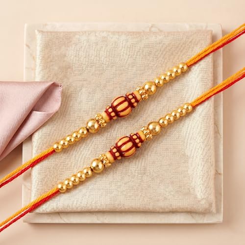 Image of Lucky Jewellery Set of 2 Traditional Gold Beaded Designer Rakhi for Brother with Auspicious Roli Chawal (18-S8R1-PA0213-2)
