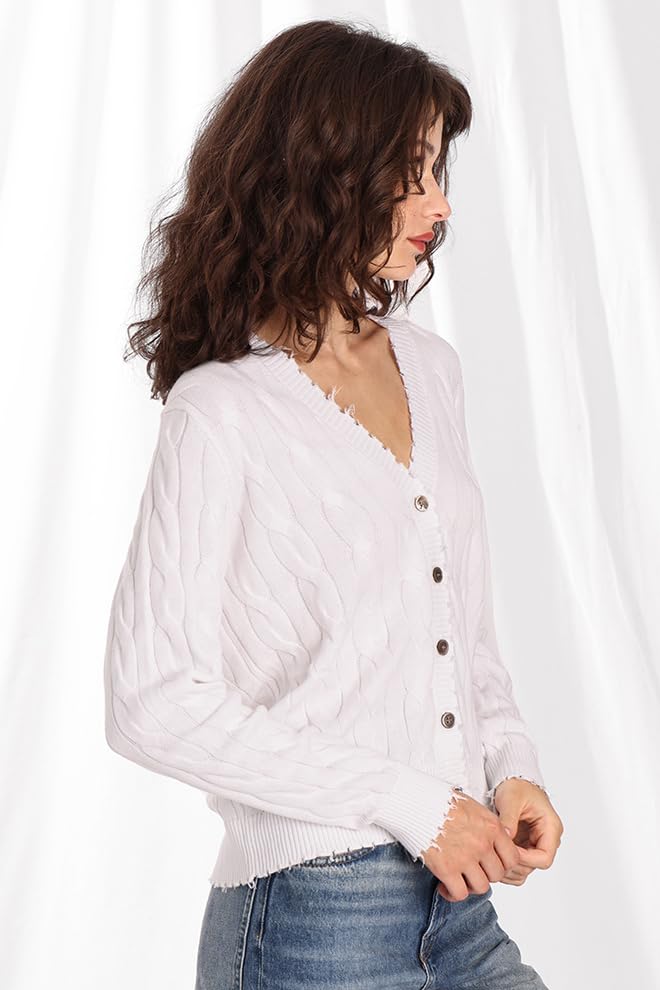 Image of Minnie Rose Women's Long Sleeve V Neck Cotton Frayed Cardigan Sweater