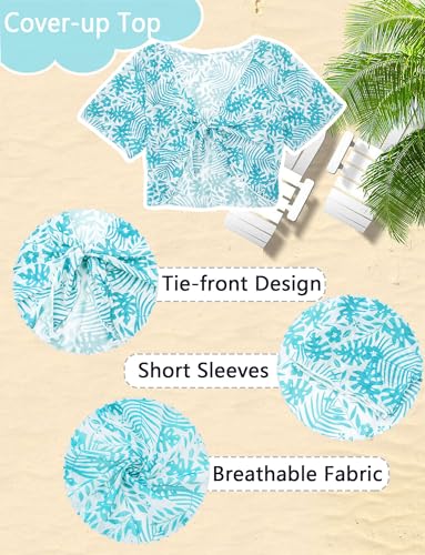 Happy Cherry Girls Swimsuit Teen Cute Bathing Suits Kids 4 Piece Tropical Print Beach Bikini Sets with Cover Up Size 8-122