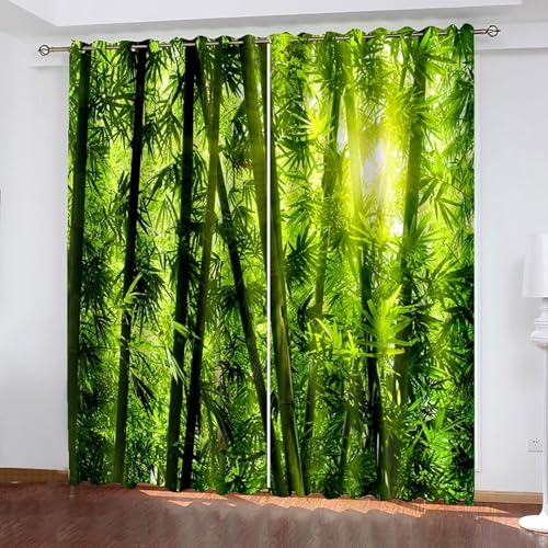 Bishilin Cortinas opacas para ventana, color verde, cortinas de granja, ventana de cocina, 2 paneles de poliéster con sol y bosque de bambú, 86 cm de ancho x 213 cm de largo
