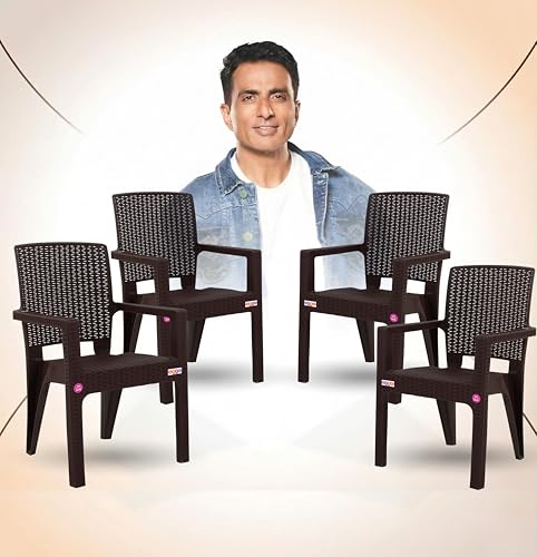 Image of AVRO FURNITURE Plastic Rattan Chairs| Set of 4 | Plastic Chairs for Dining Room, Bedroom, Living Room | Comfortable Back |Curved Seating | Rattan Box Legs |Bearing Capacity up to 200Kg, Brown Colour