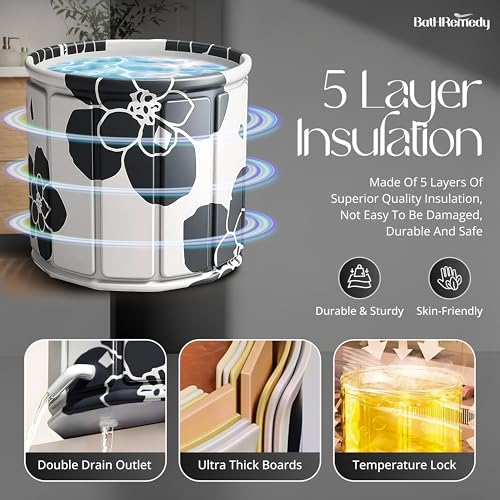 Image of Bath Tub for Adult for Bathroom, Foldable SPA Tub for Home Use with Drainage Hole, Thickened Insulated Ice Bath Tub, Inflatable BathTub for Adults, Ice BathTub for Adults (Black-White)