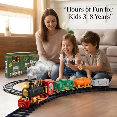 Image of Crackles Light and Sound with Smoke Effect Big Size Classic Vintage Locomotive Engine Toty Train Track Sets, Battery Powered Play Set Toy for Kids, Gifts for Boys & Girls 3 4 5 6 7 8 Years Olds