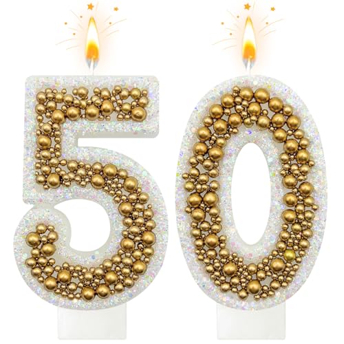 NHJINX 50 Birthday Number Candle for Cake Glitter Number Candle with Gold Beads Decorative Cake Topper for Milestone Celebrations