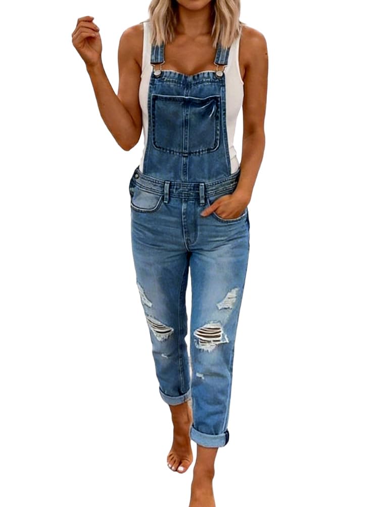 shownicer Salopette en Jeans Femme Sans Manches Combinaison Couleur Unie Denim Overalls Avec Poches