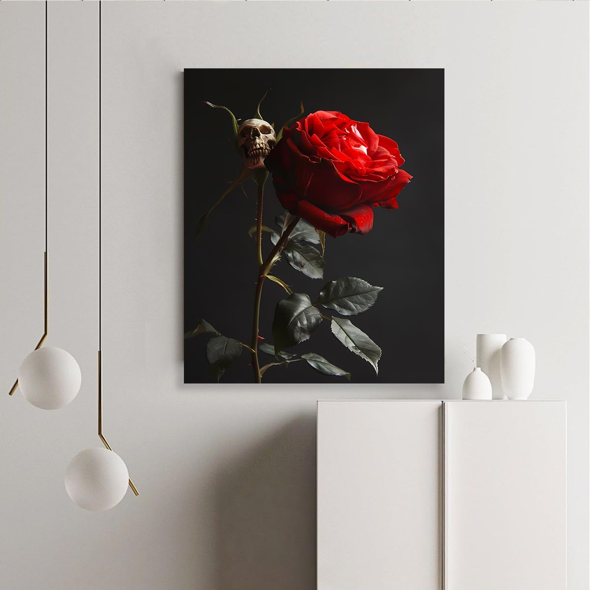 CHERHERART Affiches gothiques sombres Peinture murale en toile de crâne de rose rouge pour étude de chambre Tirages sur toile florale et squelettique Décoration d’Halloween 85x110cm sans cadre