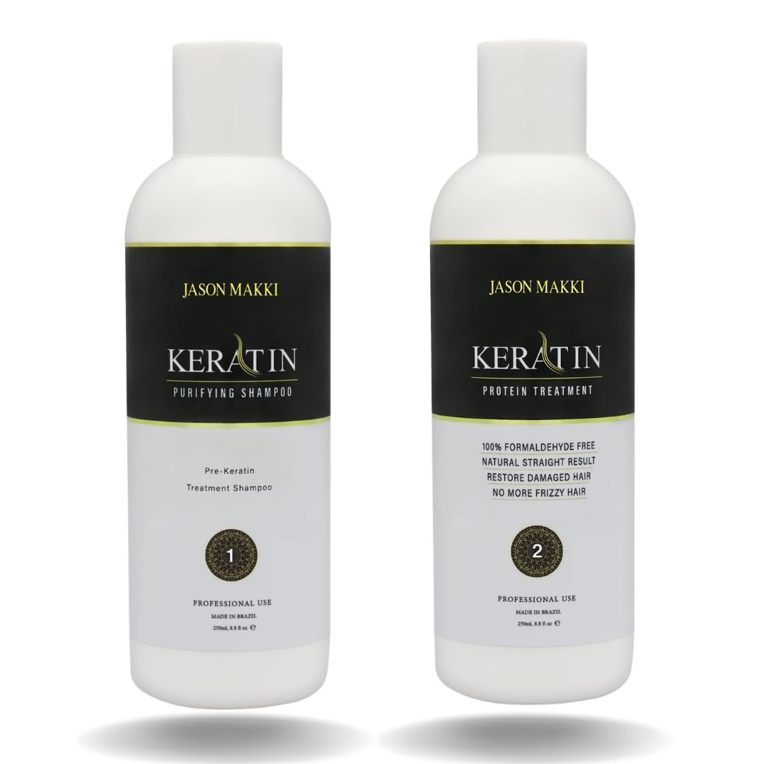 Pro Keratin Protein Treatment 2 Bottles 250ML Formaldehyde Free, JASON MAKKI Brazilian hair Smoothing Kit, Natural Silky Hair, Salon-Quality, Long Lasting Results for Men & Women