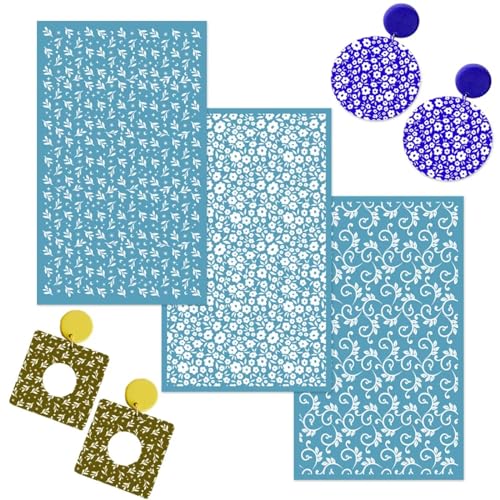 MANGOUSONG Screen Printing Kit,3Pcs 15x9cm Polymer Clay Silk Screen Stencils Reusable Silkscreen Print Kit for Printing Clay Stamps Jewelry Earrings Decoration Template Style A