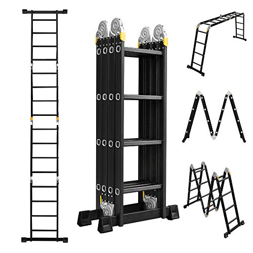 Froadp 470cm Aluminum Gerüst leiter Mehrzweckleiter Multifunktions Kombileiter Klappleiter Gerüst leiter mit 2 stück Plattform(Schwarz+Gelb, 4×4 Stufen)