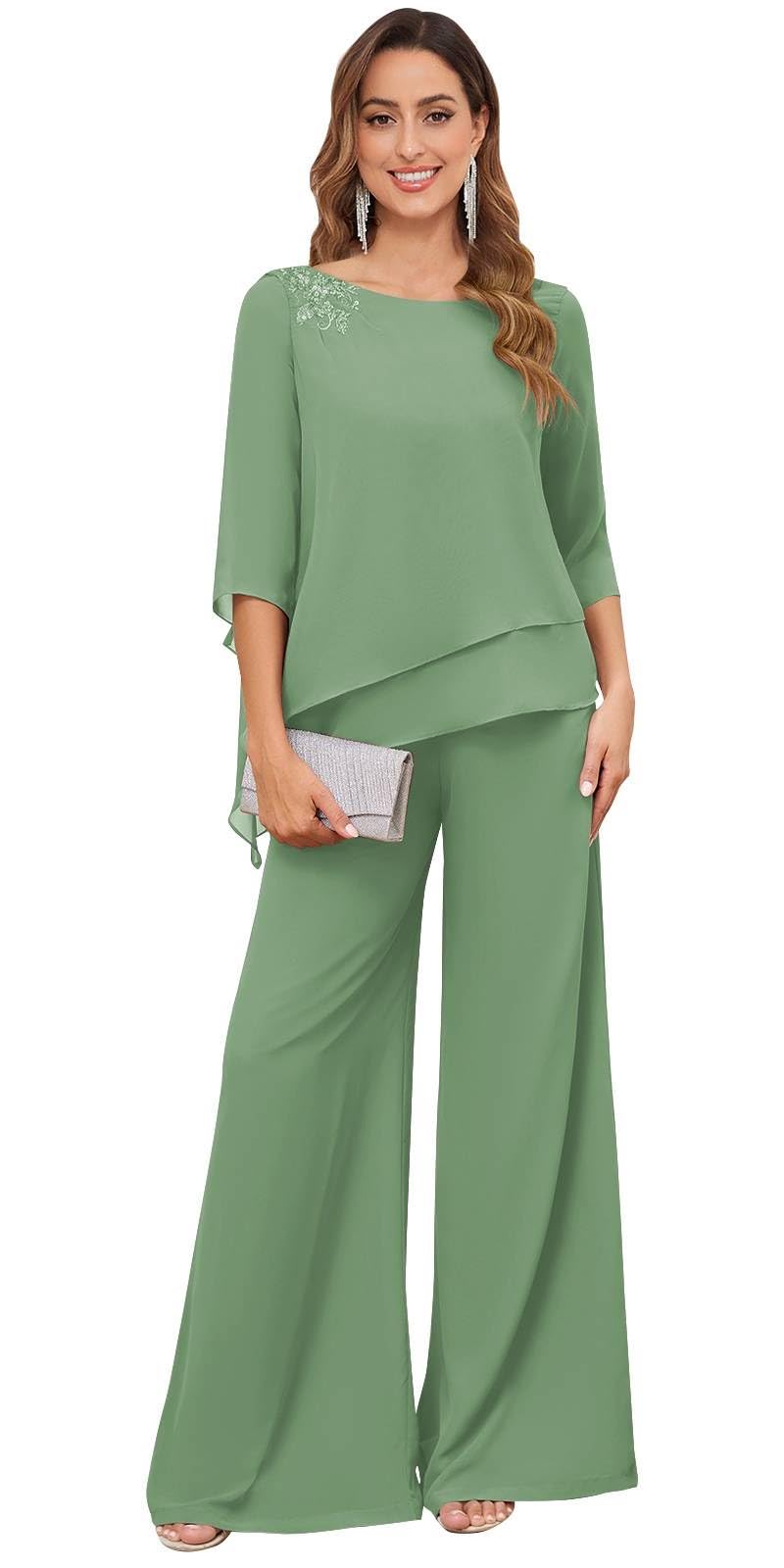 Womens 2PC Mother of The Bride Pants Suits for Wedding Lace Appliqued Chiffon Formal Outfit