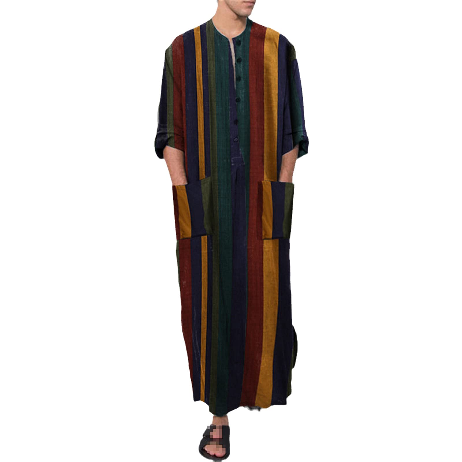 Striped Muslim Fashion Men Jubba Thobe Long Sleeve Pockets Button Caftan Robes Men Islamic Arab Duba
