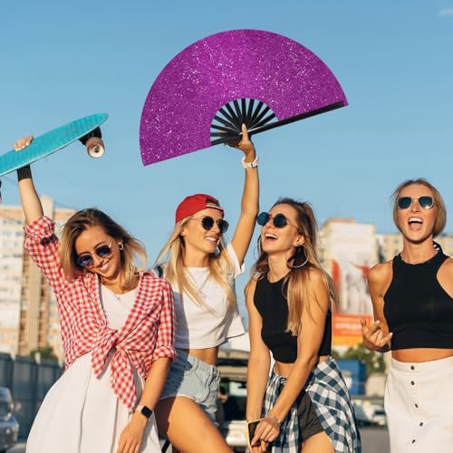 Image of Vercraft 13'' Large Rave Fan for Women Rave Accessories Festival Outfits Glitter Hand Folding Clack Fan for Line Dancing Edm Music Festival Outfits(Purple)