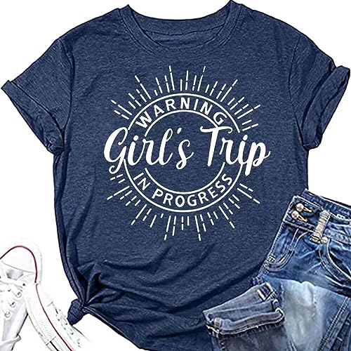 Girls Trip T-Shirts for Women - Warning: Girls Trip in Progress - Comfortable Weekend Vaction Tees - Navy Blue