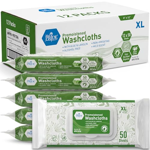 MED PRIDE 600 Count 8 X12 in Premoistened Disposable Wet Washcloths for Adults with Aloe & Lanolin Personal Cleansing Skincare Makeup Removal Travel