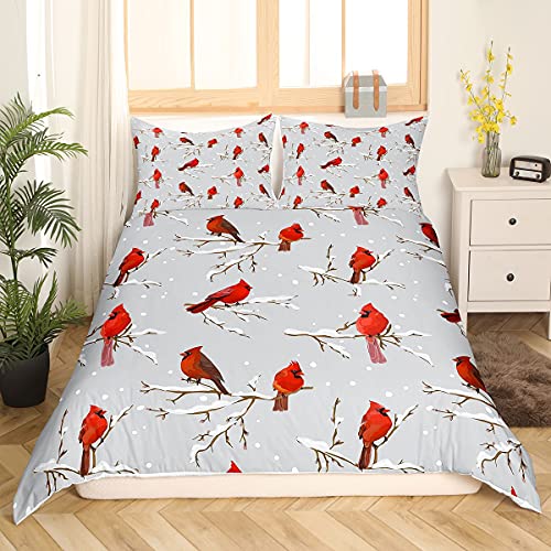 Bird Duvet Cover Red Birds Snowflakes Bedding Set Winter Landscape Cardinals Comforter Cover For Boys Girls Child Kids Retro Bedroom Decor Tree Branches Bedspread Cover King Size With 2 Pillow Case #TOP2
