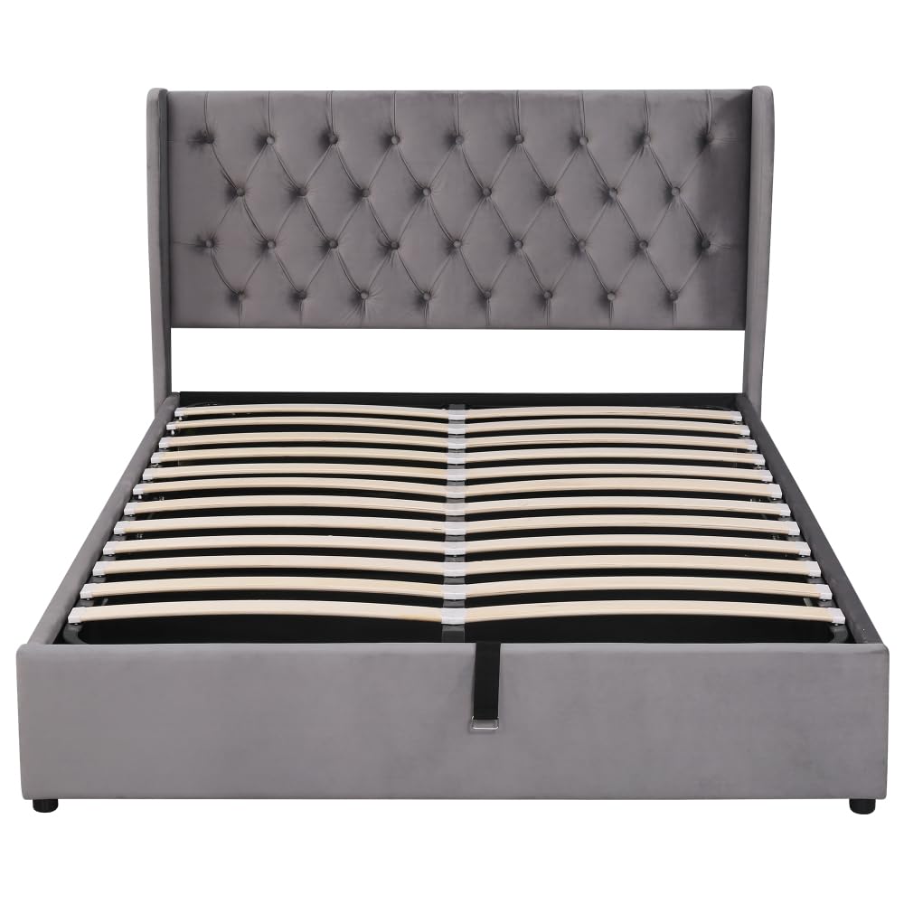 Lubvtti Letto imbottito in velluto a forma di orecchio,letto matrimoniale con spazio di stoccaggio idraulico,letto contenitore matrimoniale con rete a doghe (Grigio,180x200)