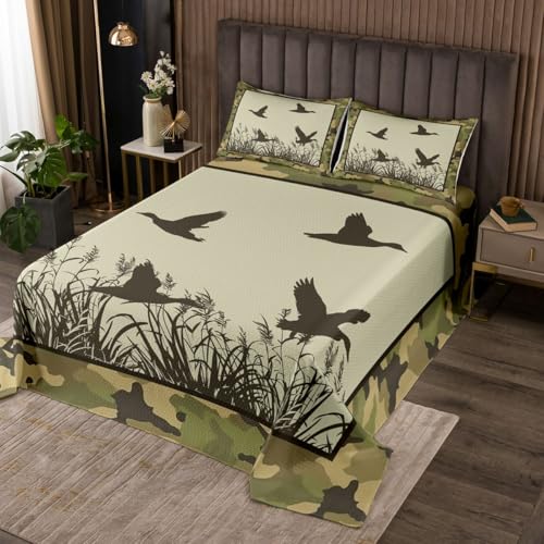 Manfei Mallard - Juego de colcha de tamaño individual, diseño de camuflaje verde pato salvaje, 2 piezas, colcha acolchada con temática de vida silvestre con 1 funda de almohada, decoración de