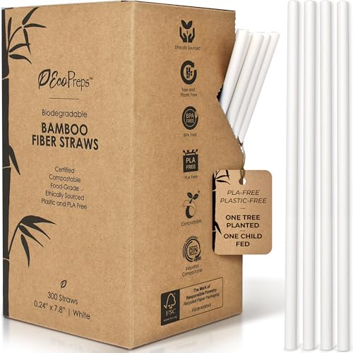 EcoPreps Biodegradable Bamboo Fiber Straws | 300 Count 100% Compostable Plastic-Free Eco-Friendly Drinking Straw | 7.8 Plant Fiber Disposable Straws White Straw | Durable for Warm & Cold Drinks