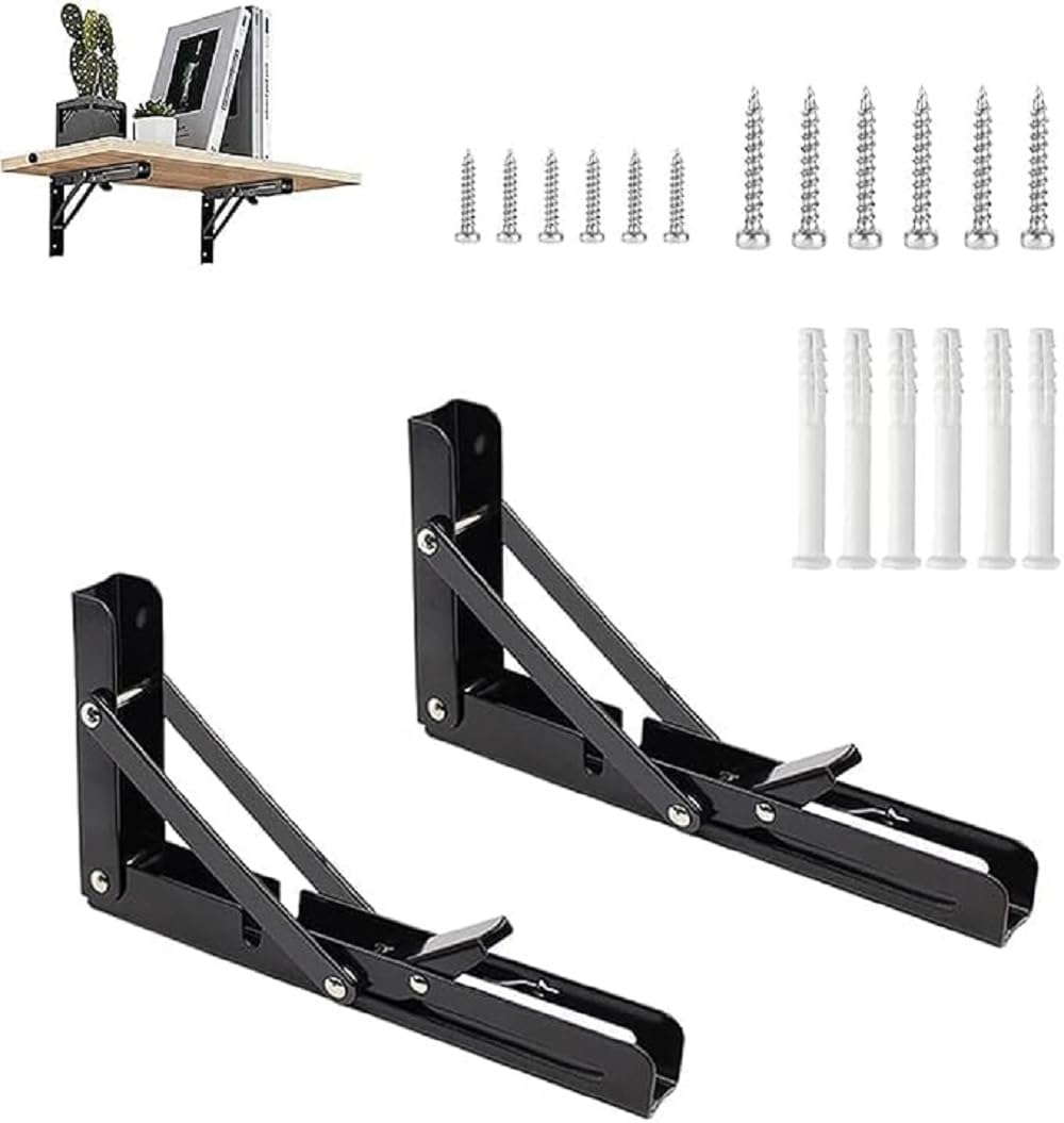 Folding Shelf Brackets Heavy Duty Stainless Steel Wall Mount Foldable Shelf Support Brackets, Collapsible Locking Shelf Bracket for Desk, Kitchen, Garage & Home Storage 12 Inch (Black, Pack of 2)-picture-19