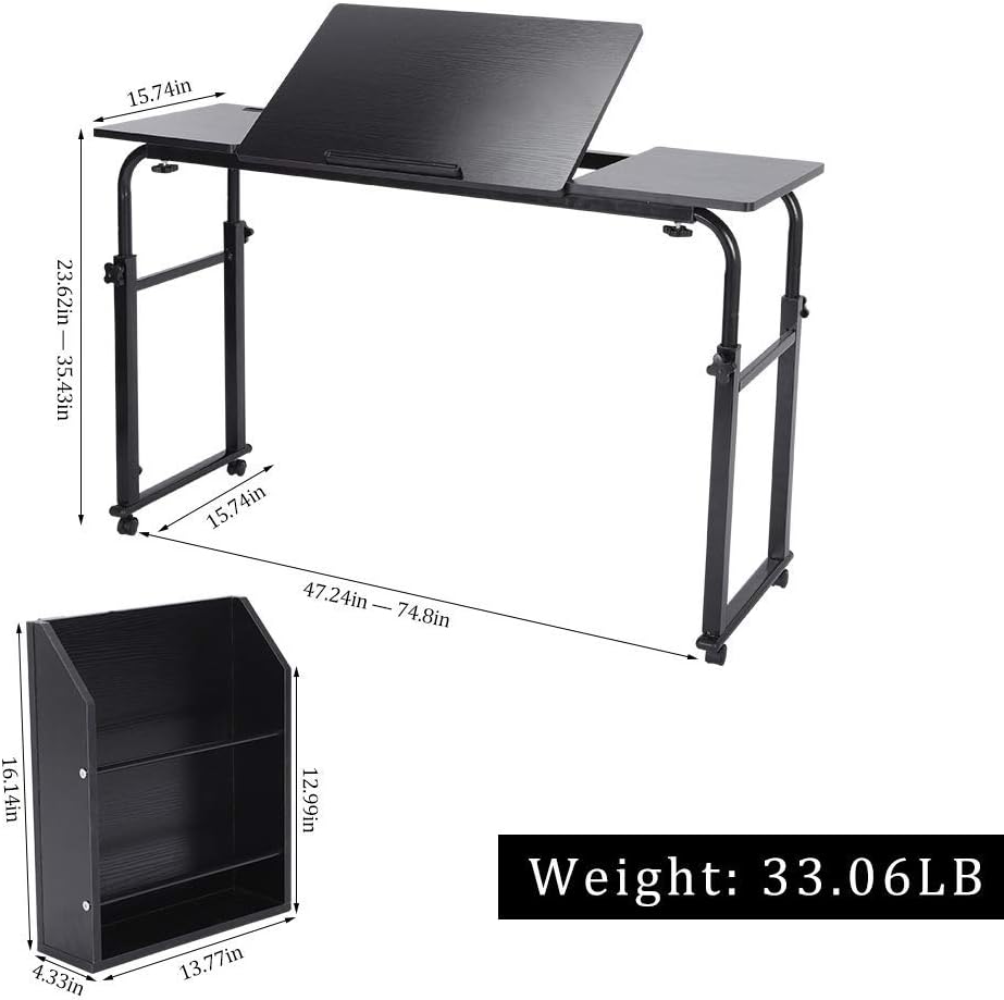 Overbed Table Height Adjustable Laptop Cart Laptop Desk Overbed Desk with Wheels and Magazine Rack Bed Desk King Queen Bed Table for Home, 47.24inch : Health & Household