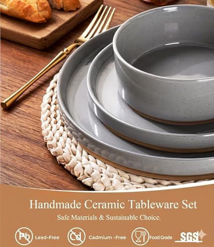 Image of AmorArc Ceramic Dinnerware Set for 4 | Speckled Stoneware Plates and Bowls with unglazed terracotta | Scratch Resistant, Dishwasher & Microwave Safe Dishes Sets- 12-Pcs Gray