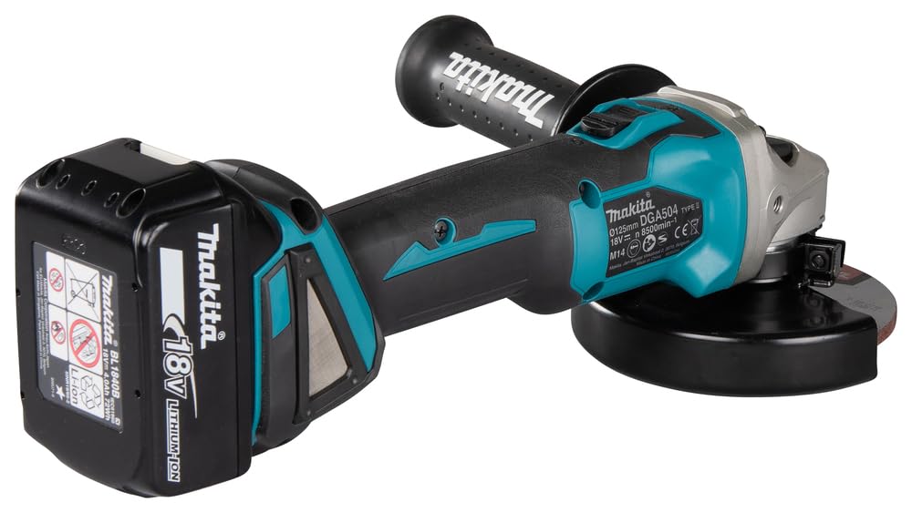 Makita Akku-Winkelschleifer 18 V / 4,0 Ah im MAKPAC inklusive 2 Akkus und Ladegerät, Blau, Silber, 9,5x160 mm, DGA504RMJ